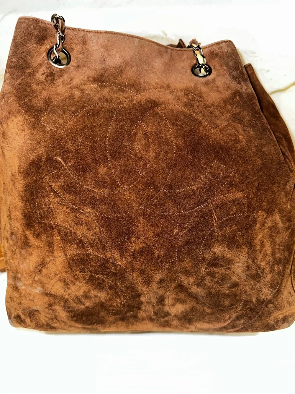 CHANEL Brown Suede Hobo Bag with Chain Handles and Tassle